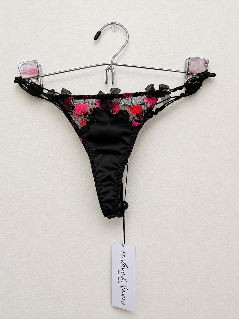 For Love and Lemons Black Satin Thong with Pink & Red Heart Embroidery